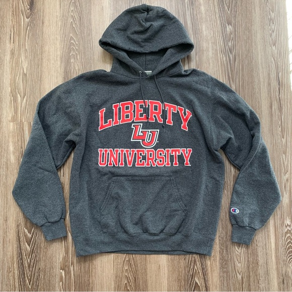 Champion Liberty University LU Gray Red Hoodie Sweatshirt Size Large - Picture 2 of 10